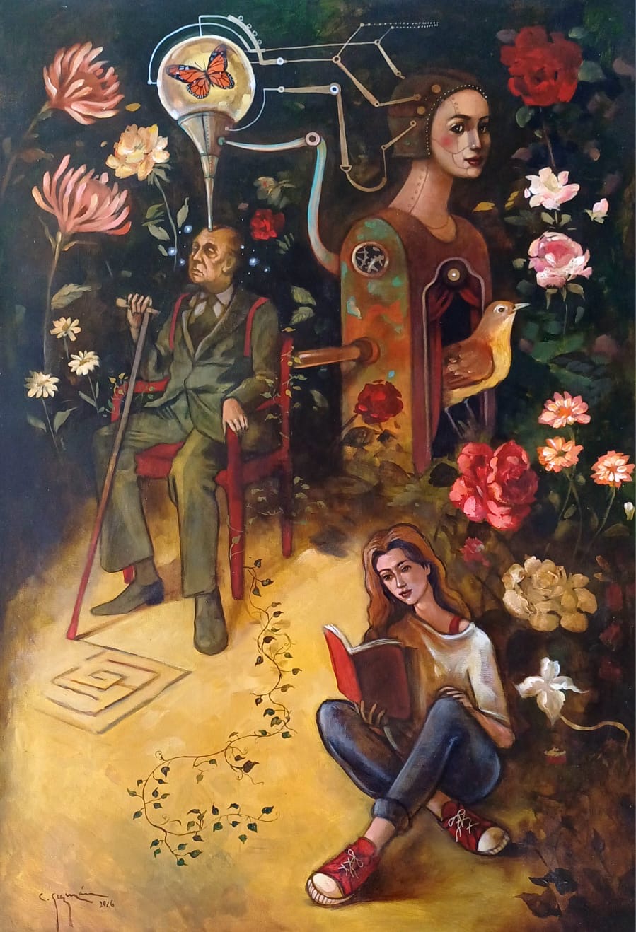 Essential Bond by Carlos Guzmán, 2026, acrylic on canvas, homage to Jorge Luis Borges.